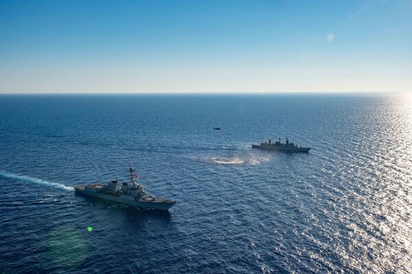 MEDITERRANEAN SEA (Aug. 24, 2020) The Arleigh Burke-class guided-missile destroyer USS Winston S. Churchill (DDG 81) executes maneuvering drills with Hellenic Navy frigate Aegean (F 460), Aug 24, 2020. Winston S. Churchill is deployed to the U.S. 6th Fleet area of operations in support of regional allies and partners and U.S. national security interests in Europe and Africa.