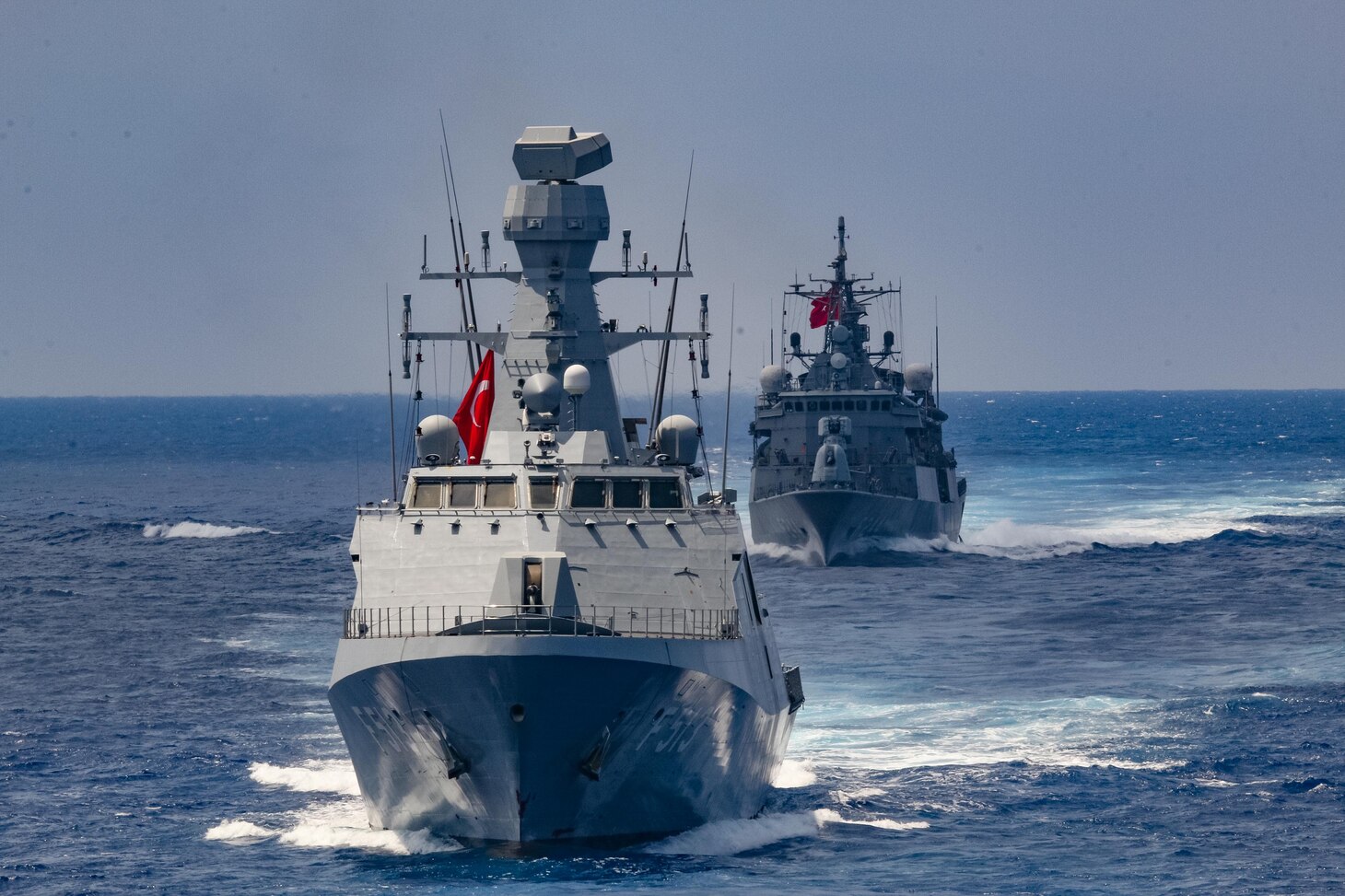 200826-N-PS962-1003  MEDITERRANEAN SEA (Aug. 26, 2020) Arleigh Burke-class guided-missile destroyer USS Winston S. Churchill (DDG 81) executes maneuvering drills with Turkish Navy frigates Burgazada (F 513) and Barbaros (FF 244), Aug 24, 2020. Churchill is currently deployed to the U.S. 6th Fleet area of operations in support of regional allies and partners and U.S. national security interests in Europe and Africa. (U.S. Navy photo by Mass Communication Specialist 3rd Class Louis Thompson Staats IV)