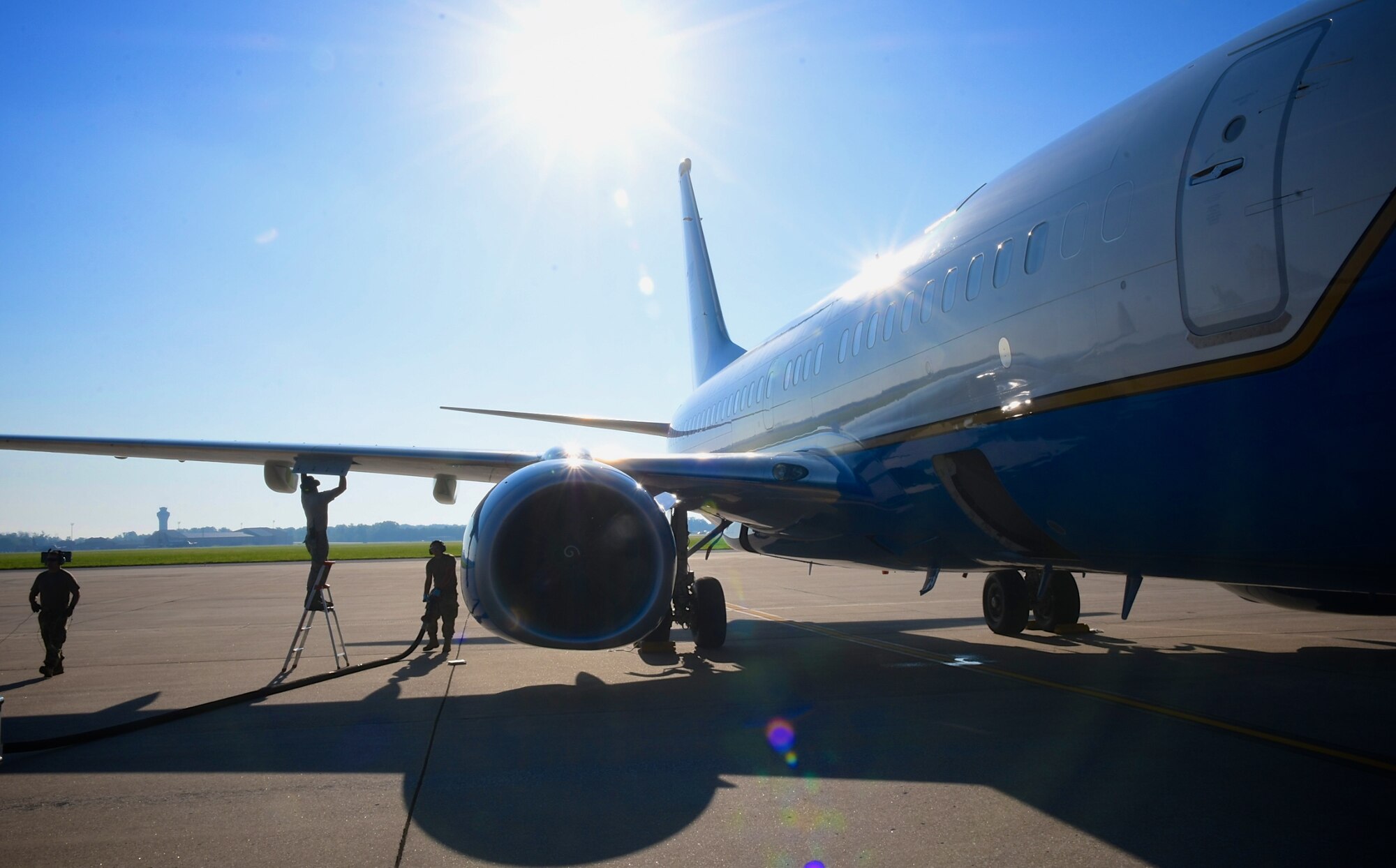932nd Maintenance Group members perform a physical preflight inspection and refueling August 26, 2020, Scott Air Force Base, Illinois. The 932nd Airlift Wing and 73rd Airlift Squadron continue training and mission operations during COVID-19. Pilots are required to maintain readiness, and the 932nd MXG works before and after flights in support of missions. The 932nd Airlift Wing is the only Air Force Reserve Command unit that flies the C-40C, which is used to provide world-class airlift for U.S. national and military leaders.(U.S. Air Force photo by Lt. Col. Stan Paregien)