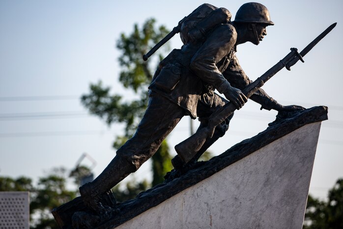 The Montford Point Marine Sculpture that represents the Montford Point Marines; the angle of incline represents the uphill struggle for equality, stands at the Montford Point Marines Memorial in Jacksonville, N.C., Aug. 26.