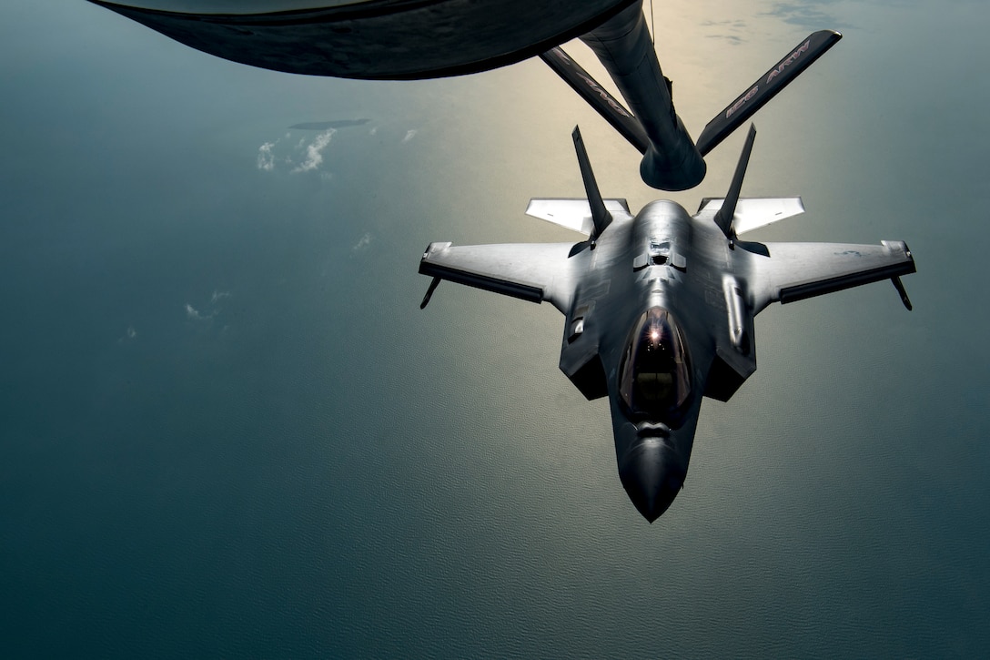 A U.S. Air Force F-35A Lightning II assigned to the 34th Expeditionary Fighter Squadron departs after conducting an aerial refueling with A U.S. Air Force KC-135 Stratotanker assigned to the 28th Expeditionary Air Refueling Squadron above the Arabian Gulf, Dec. 3, 2019. The KC-135 Stratotanker delivers U.S. Air Forces Central Command a global reach aerial refueling capability to support our joint and coalition aircraft, providing war-winning airpower throughout the U.S. Central Command area of responsibility. (U.S. Air Force photo by Staff Sgt. Daniel Snider)