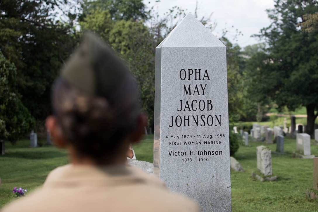 U.S. Marines visit Opha May Johnson’s burial site as part of a professional development event at Rock Creek Cemetery, Washington, D.C. on Aug. 13.