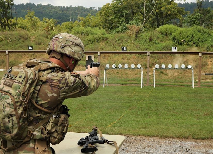Sgt. Ethan Giustwite, a member of C Company, 2nd Battalion, 112th Infantry Regiment, 56th Stryker Brigade Combat Team, 28th Infantry Division, knocks back a target at the annual The Adjutant General Combined-Arms Match Aug. 23, 2020, at Fort Indiantown Gap, Pa. Approximately 50 Pennsylvania National Guard Soldiers and Airmen competed with rifles and pistols in multiple courses of fire to during the competition, which was held Aug. 21-23.  (U.S. Army National Guard photo by Staff Sgt. Zane Craig)