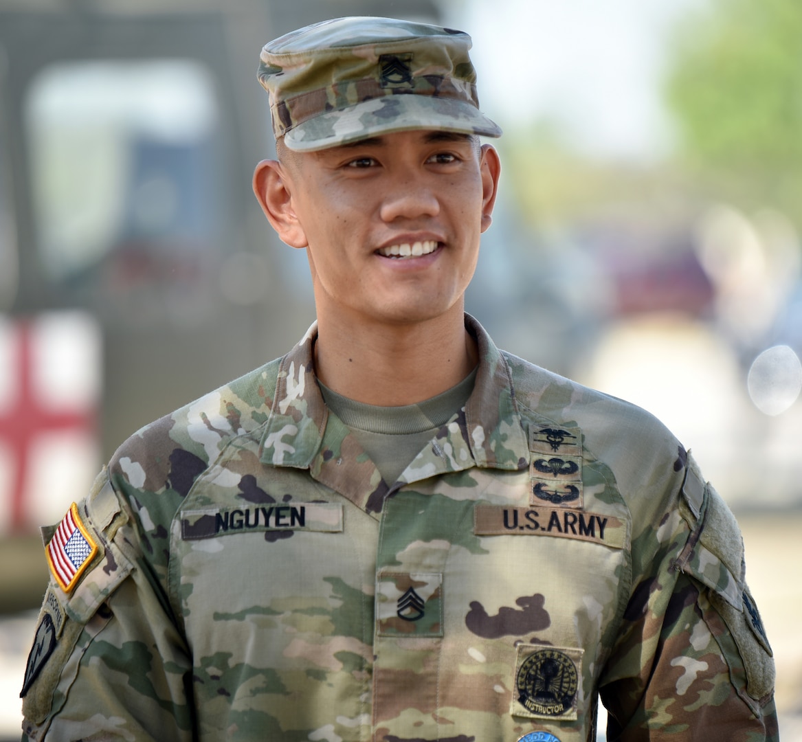 Staff Sgt. Michael Nguyen, the U.S. Army Medical Center of Excellence 2020 Best Warrior Noncommissioned Officer, pictured outside of the U.S. Army Medical Center of Excellence Headquarters building Aug. 25.