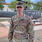 Spc. Jesse Estrada, pictured in front of the U.S. Army Medical Center of Excellence, or MEDCoE, headquarters building at Joint Base San Antonio-Fort Sam Houston, represented the Soldier category during the U.S. Army Training and Doctrine Command 2020 Best Warrior virtual oral board Aug. 25.