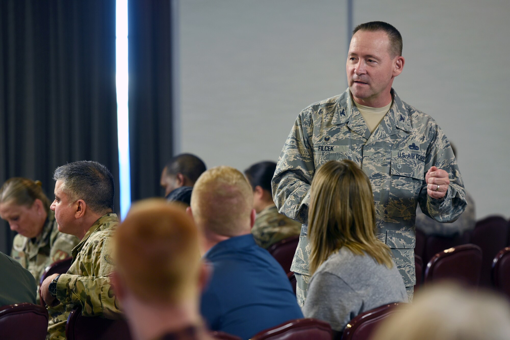 Col. Paul Filcek, 72nd Air Base Wing commander, talks to housing residents at Tinker Air Force Base, Oklahoma,
