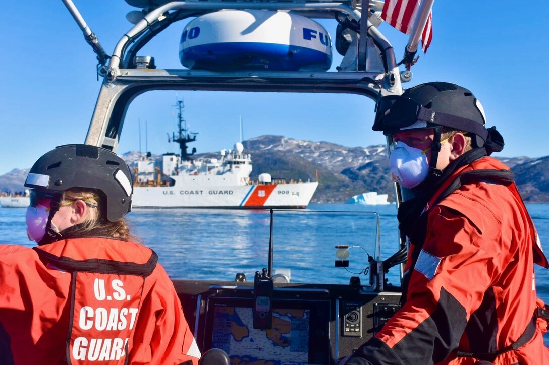 As part of Operation Nanook, the crew of the U.S. Coast Guard Cutter Campbell (WMEC 909) participate in Argus, a search and rescue exercise, offshore Greenland Aug. 17, 2020. The crew conducted many drills throughout the operation.