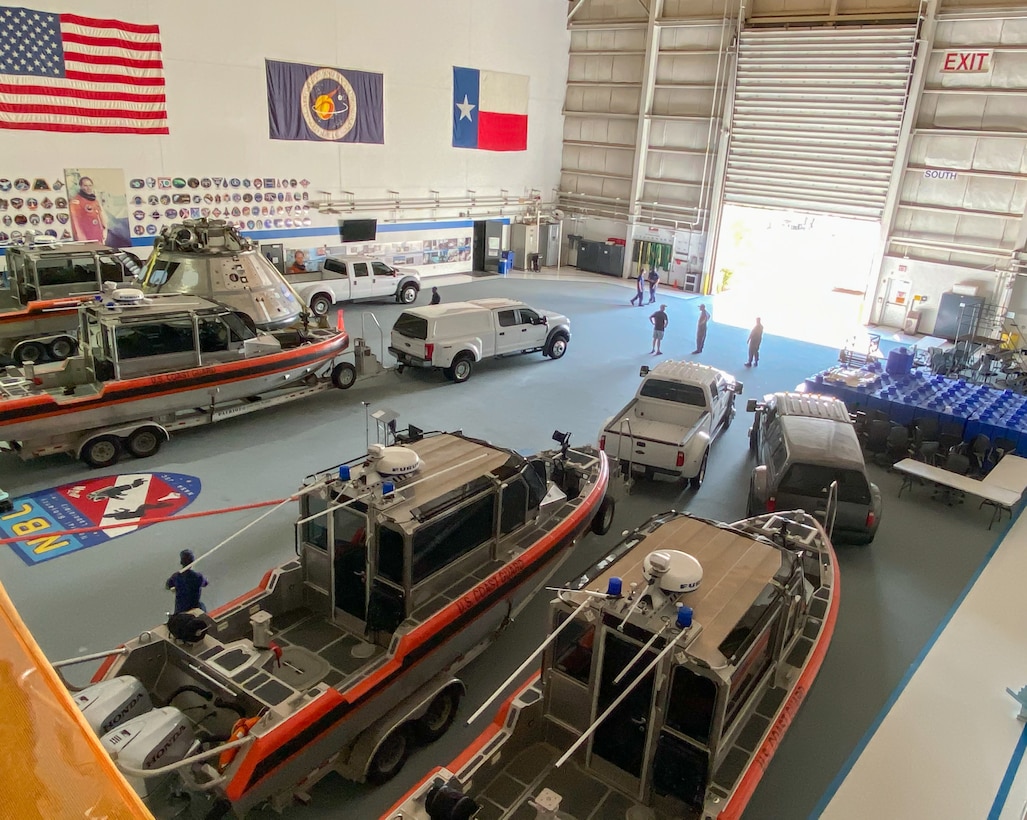 Coast Guard Marine Safety Security Team Houston response boats sit staged inside the NASA Neutral Buoyancy Lab in Houston, Texas, Aug. 23, 2020. The Coast Guard is pre-staging response assets in the Gulf Coast region due to a forecast of two tropical storms and potential hurricanes.