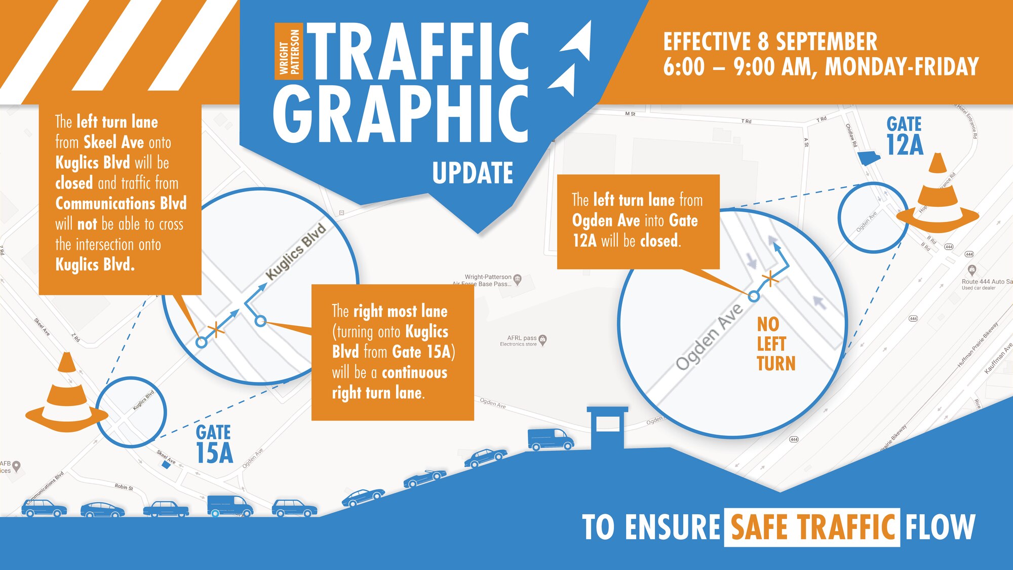 To increase the efficiency of traffic flow, traffic pattern changes have been made and will take effect Sept. 8. (U.S. Air Force Graphic/David Clingerman)