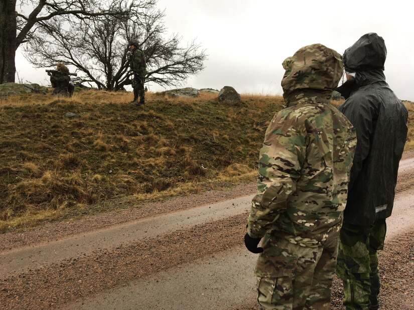 Swedish soldiers, assigned to the Air Defence Regiment, visit U.S. Soldiers assigned to the 5th Battalion, 7th Air Defense Artillery Regiment, 10th Army Air and Missile Defense Command, in Baumholder training Area, Germany