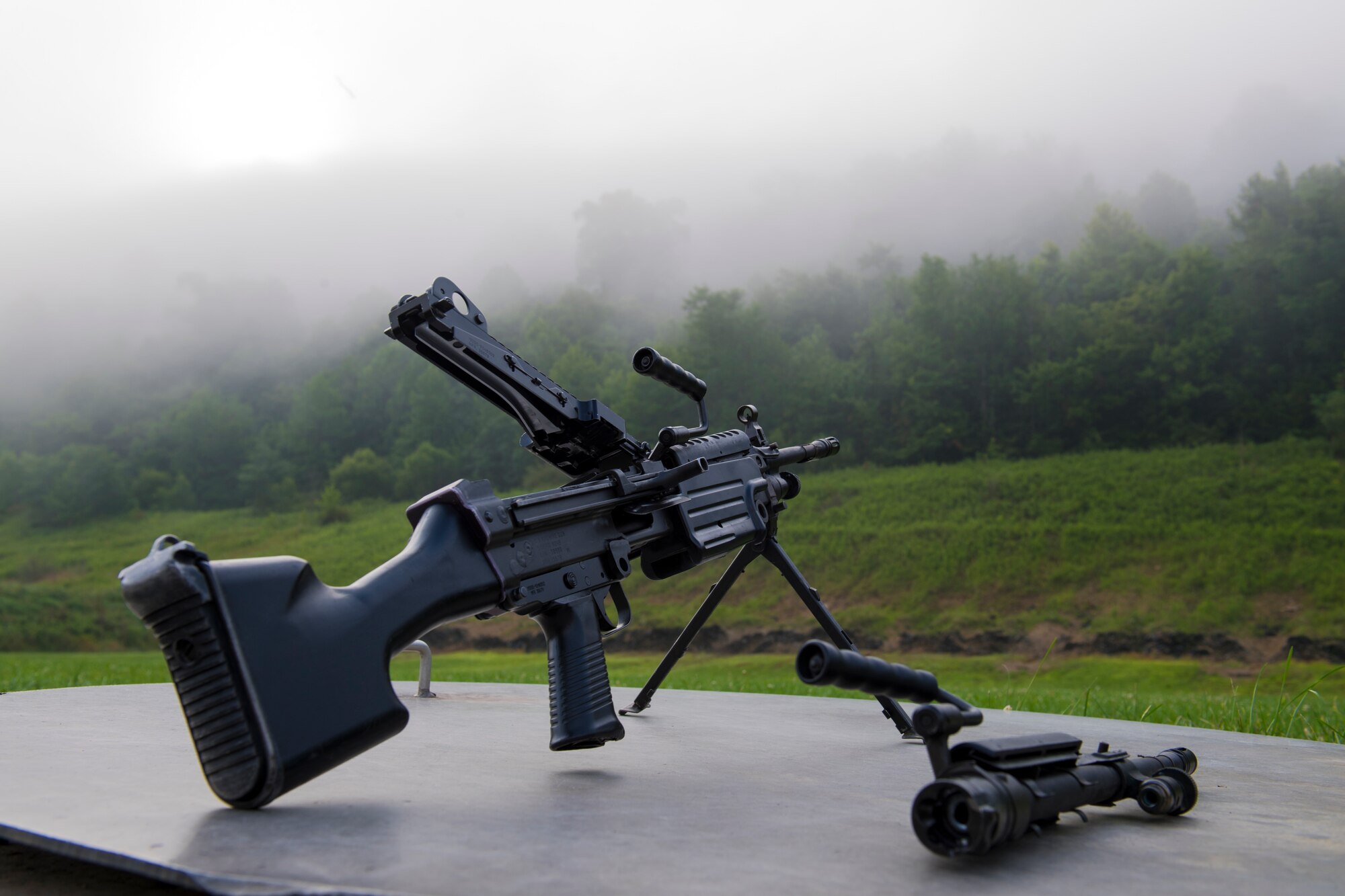 A M249 light machine gun sits at the firing range at Camp Dawson, West Virginia, Aug. 11, 2020.