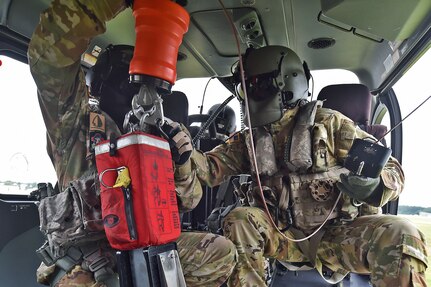 Louisiana National Guardsmen from Delta Company, 2-151st Aviation Regiment conduct recertification training on a LUH-72 Lakota helicopter hoist system used for rescue operations at the Hammond Regional Airport ahead of Hurricane Laura, Aug. 25, 2020. Guardsmen continue to prepare to respond to the citizens of Louisiana prior to landfall of Hurricane Laura.