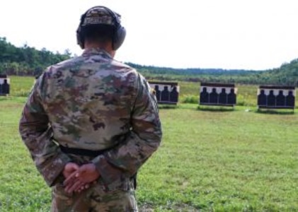 Virginia National Guard Soldiers assigned to the Virginia Beach-based 329th Regional Support Group compete with the M4 pistol during a competition Aug. 19, 2020, at Fort Pickett, Virginia.