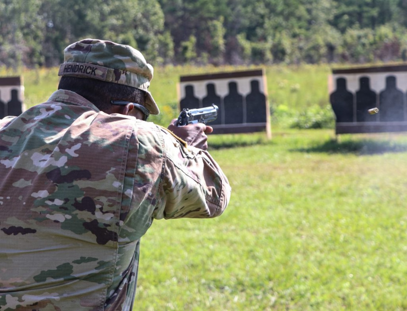 Virginia National Guard Soldiers assigned to the Virginia Beach-based 329th Regional Support Group compete with the M4 pistol during a competition Aug. 19, 2020, at Fort Pickett, Virginia.
