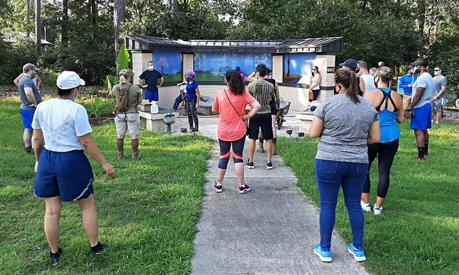 U.S. Air Force Airmen from Westover Air Reserve Base, Massachusetts, receive landscaping instructions for the HOPE Garden project at Robins Air Force Base, Georgia, August 8, 2020. The HOPE project is designed to help military members and veterans suffering from depression, suicidal ideations and Post Traumatic Stress Disorder through horticulture and reflection in a calm environment. (Courtesy photo)