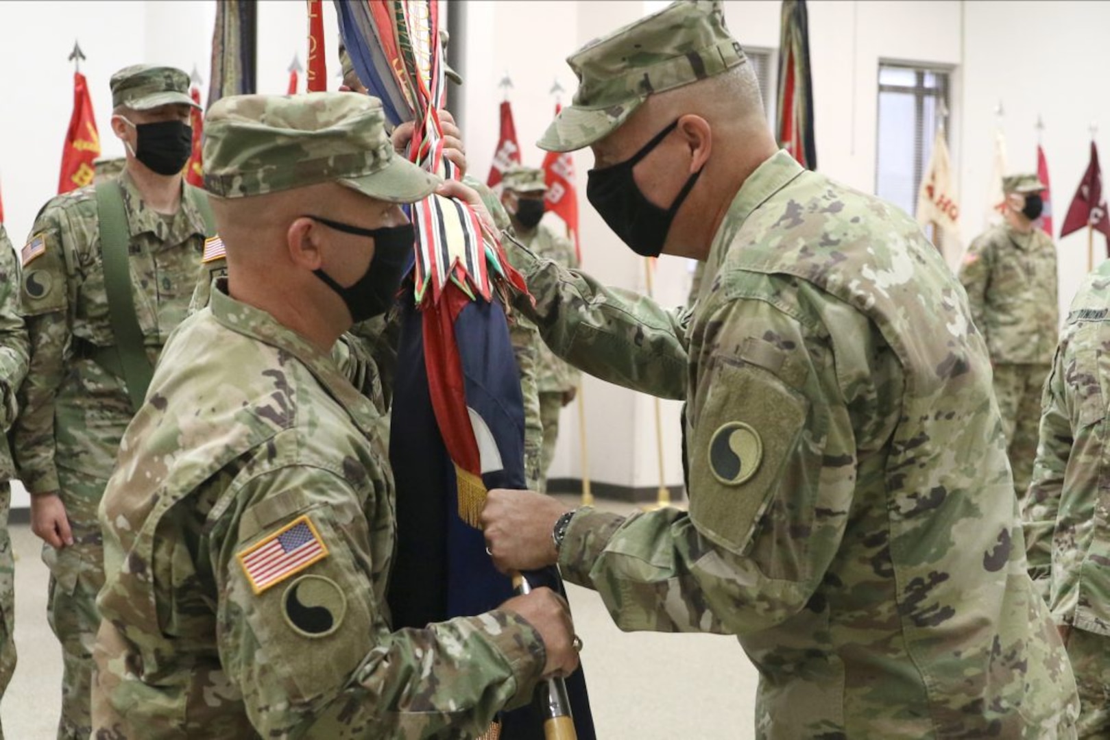 Col. Christopher J. Samulski takes command of the Staunton-based 116th Infantry Brigade Combat Team from Col. Joseph A. DiNonno July 31, 2020, at Fort Pickett, Virginia.