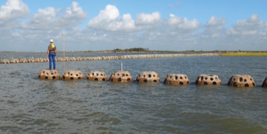 USACE Galveston District and the Texas Department of Transportation install Goliath Reef Balls to protect natural shorelines and provide habitat near the Gulf Intracoastal Waterway in West Galveston.