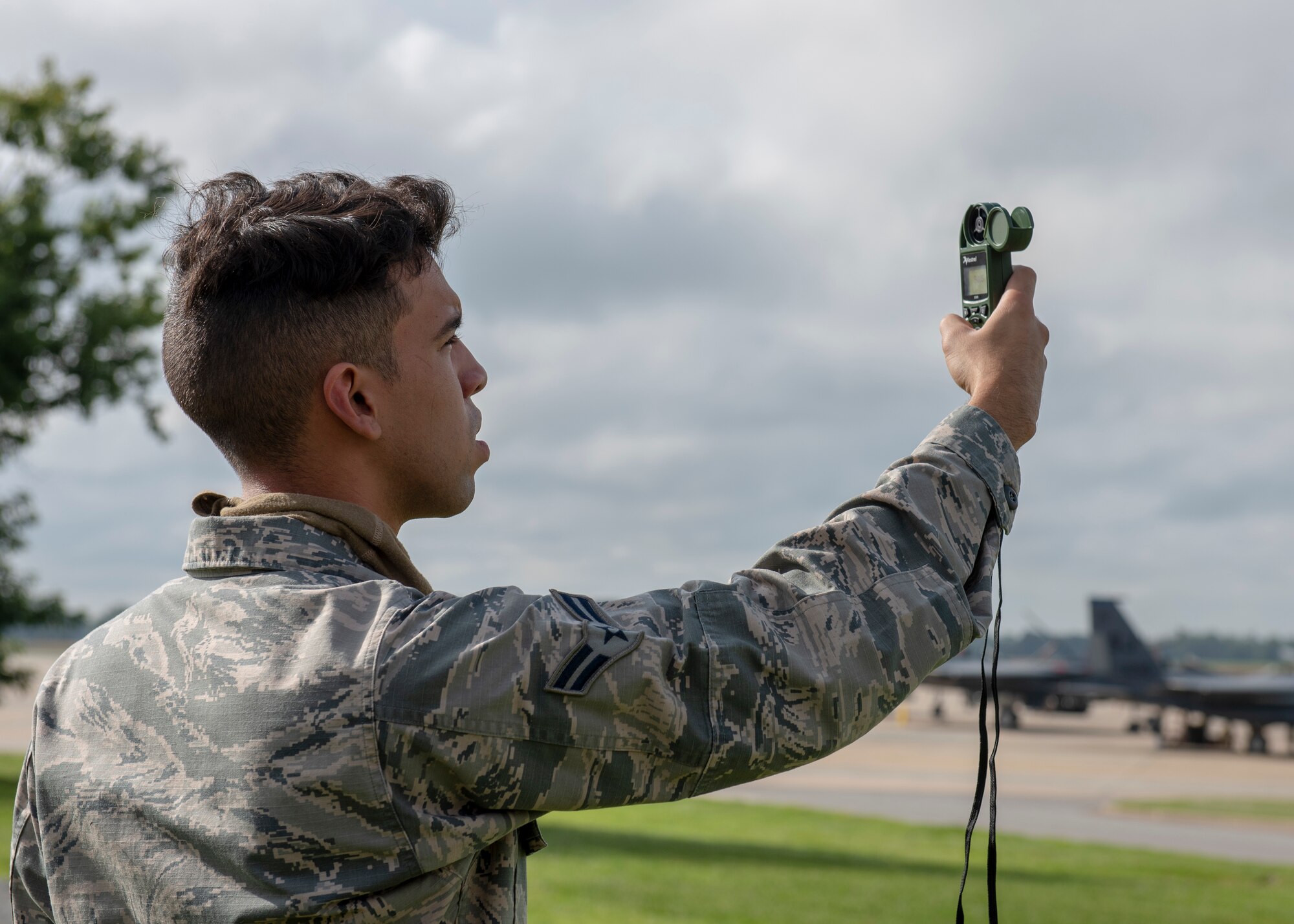 Weather forecaster, Airman 1st Class Randy Diaz from the 4th Operations Support Squadron uses a Kestrel 5500 to gather weather data at Seymour Johnson Air Force Base, North Carolina, Aug. 13, 2020.