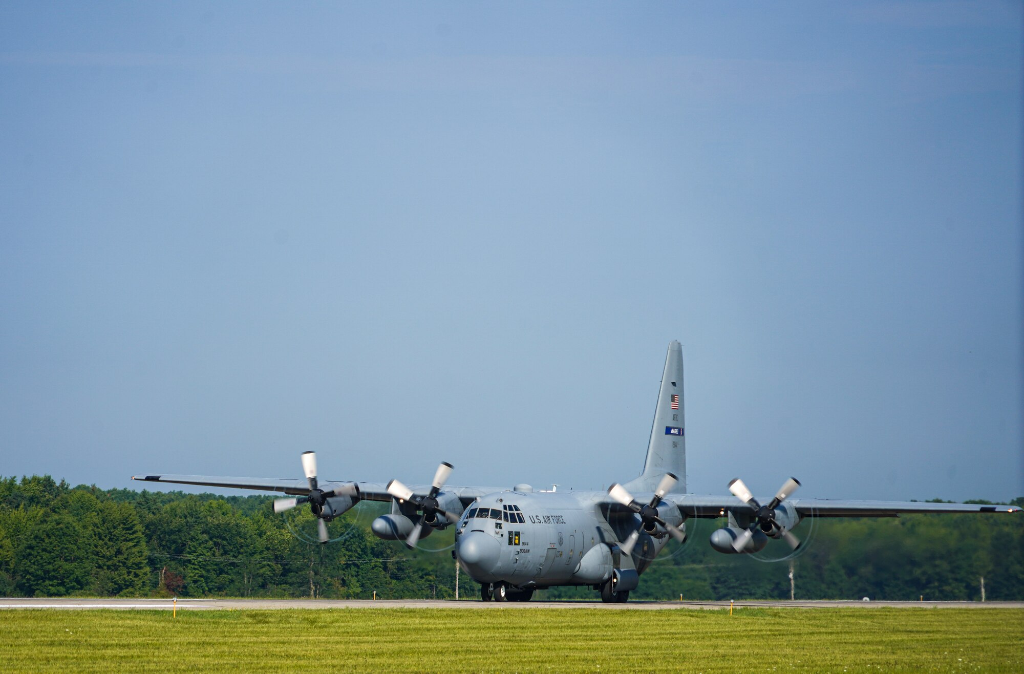 A C-130H Hercules assigned to the 908th Airlift Wing, Maxwell Air Force Base, Alabama, takes off from the flightline on Aug. 23, 2020, at Youngstown Air Reserve Station in Vienna, Ohio. Five Air Force Reserve units from the 22nd Air Force and a West Virginia Air National Guard unit participated in Rally in the Valley, a multi-day C-130 training exercise under a distributed operations concept, Aug. 22-25, 2020. The exercise included cargo drops, high-altitude paratrooper drops, task force resupply and personnel extraction.