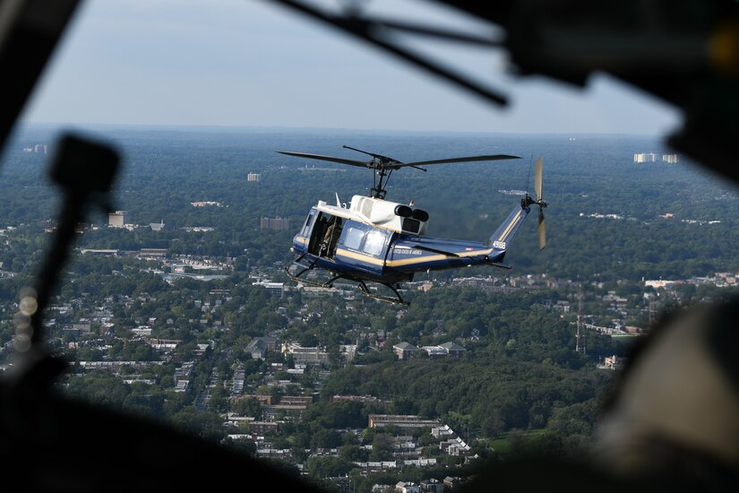 A UH-1N “Huey” from the 1st Helicopter Squadron flies over the District of Columbia, Aug. 26, 2020.