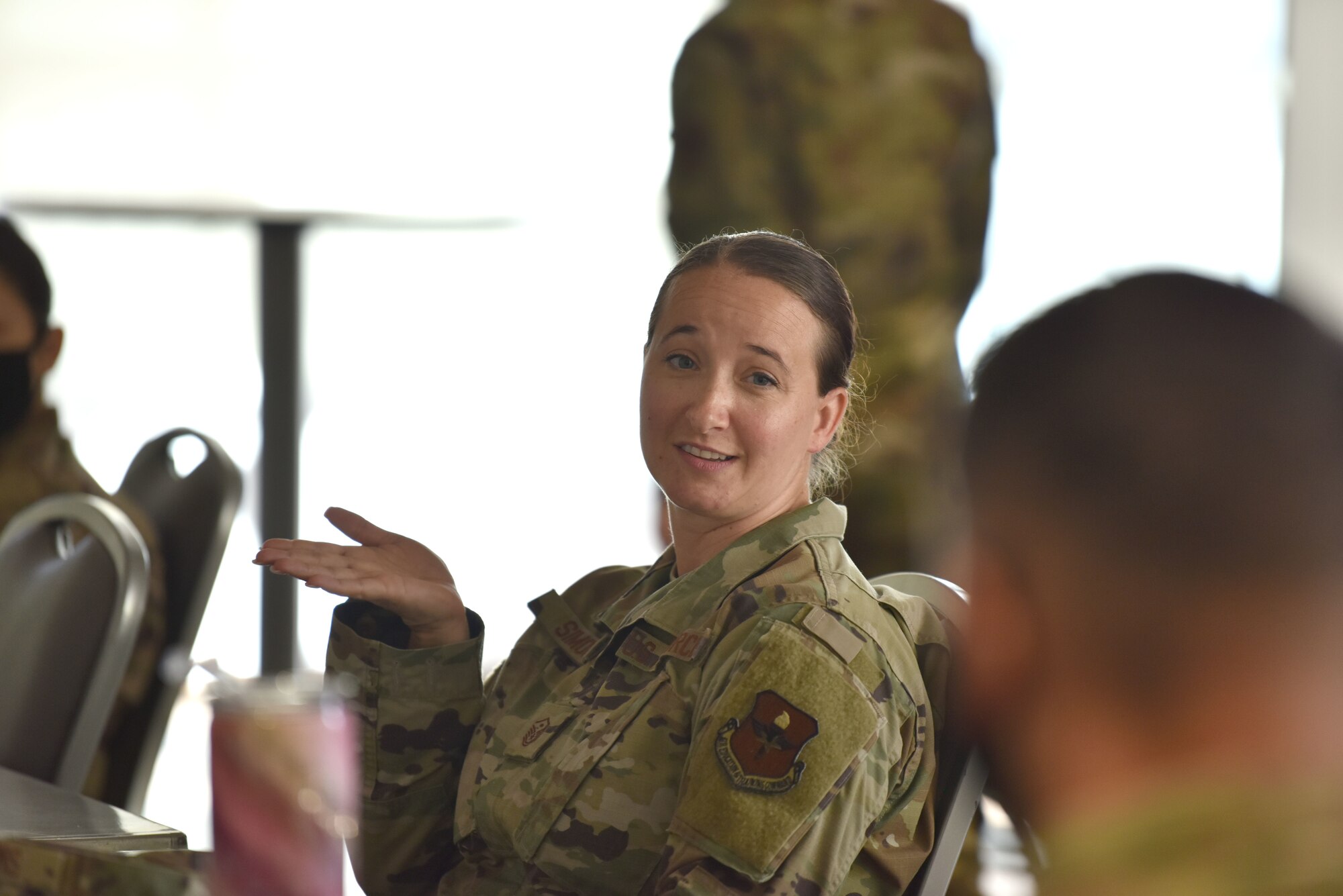 U.S. Air Force Master Sgt. Kristy Simon, 315th Training Squadron first sergeant, shares some of her personal experiences as a female in the Air Force as a part of the Women’s Equality Day event held at the event center on Goodfellow Air Force Base, Texas, Aug. 26, 2020. Simon shared how her experiences helped shape her career and set her on the path to become a first sergeant. (U.S. Air Force photo by Staff Sgt. Seraiah Wolf)