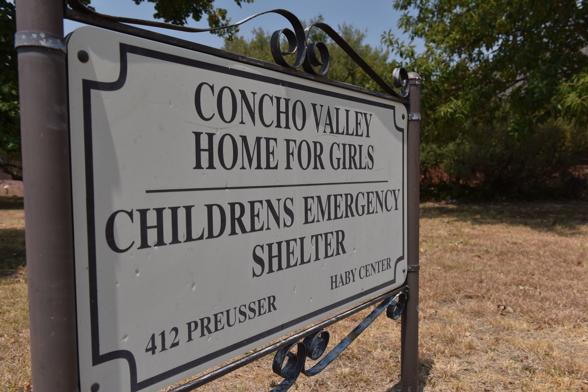 The Concho Valley Home for Girls and Children’s Emergency Center sign directs individuals to the house located in San Angelo, Texas, Aug. 21, 2020. Members from across Goodfellow donated supplies to the home for girls organization. (U.S. Air Force photo by Staff Sgt. Seraiah Wolf)