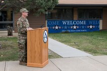 Colonel Christopher Menuey addresses the audience on the importance of the new Welcome Center.  The 5th Bomb Wing held a ribbon-cutting ceremony to introduce a new Welcome Center facility August 21, 2020 at Minot Air Force Base, North Dakota.
