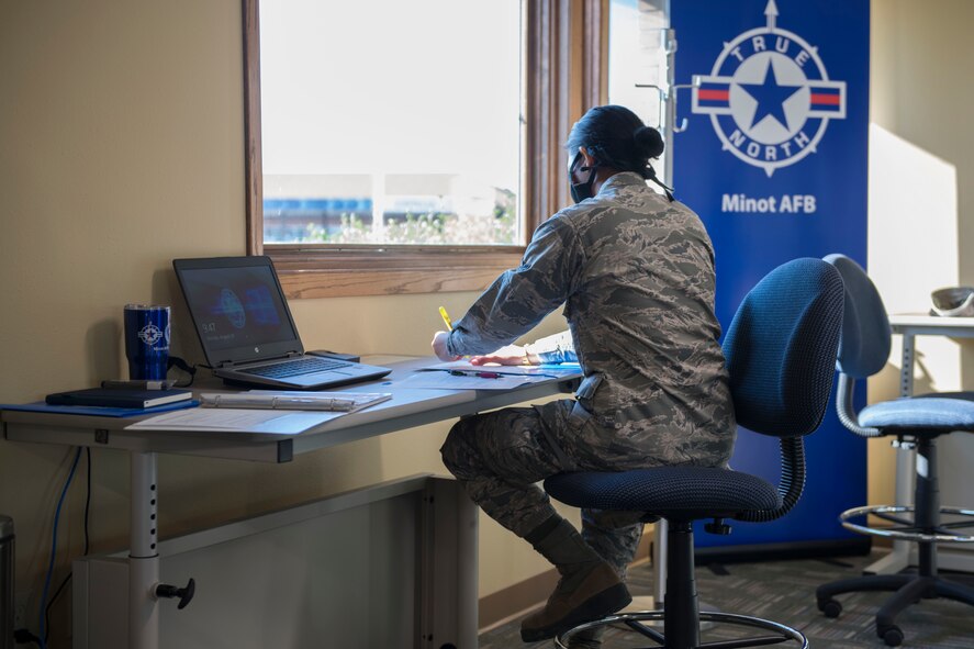 An Airman with just arriving at Minot Air Force Base makes use of the new Welcome Center Facility to in-process in a more convenient and streamlined way.  The 5th Bomb Wing held a ribbon-cutting ceremony to introduce a new Welcome Center facility August 21, 2020 at Minot Air Force Base, North Dakota.