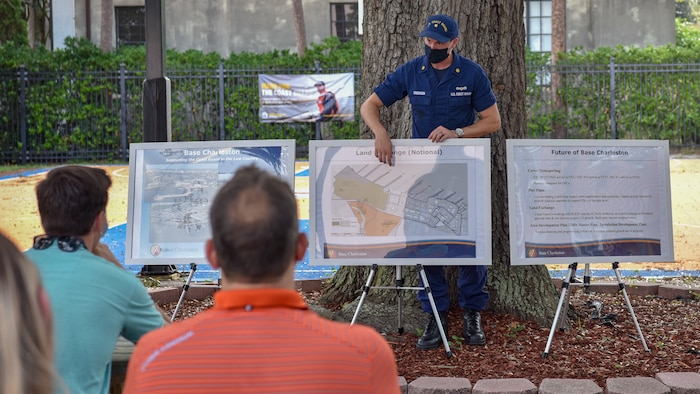U.S. Coast Guard Lt. Cmdr. Jason Erickson, base operations officer for Base Charleston, talks to local community members about changes being made and how it will benefit the Coast Guard and community as part of a Charleston Leadership Tour at Joint Base Charleston, S.C., Aug 20, 2020. Members of Charleston organizations such as the Charleston Metro Chamber, encourage strengthening relationships between the community and military to support service members and their families, expanding the federal footprint in the region.
