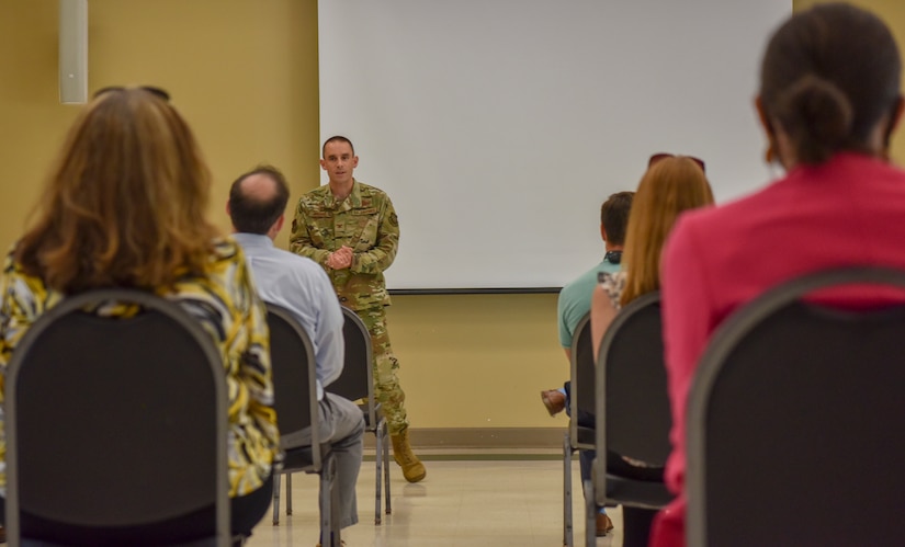 Col. Marc Greene, Commander of the 628th Air Base Wing, talks to local community members about his joint team’s capabilities during a Leadership Charleston Tour at Joint Base Charleston, S.C., Aug 20, 2020. Members of Charleston organizations such as the Charleston Metro Chamber, encourage strengthening relationships between the community and military to support service members and their families, expanding the federal footprint in the region.