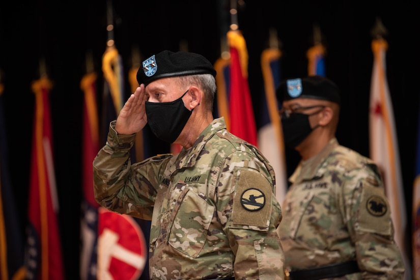 Maj. Gen. Steven W. Ainsworth, the outgoing commander of the 84th Training Command, is honored during his relinquishment-of-command and retirement ceremonies, Aug. 22, 2020, at Fort Knox, Ky.