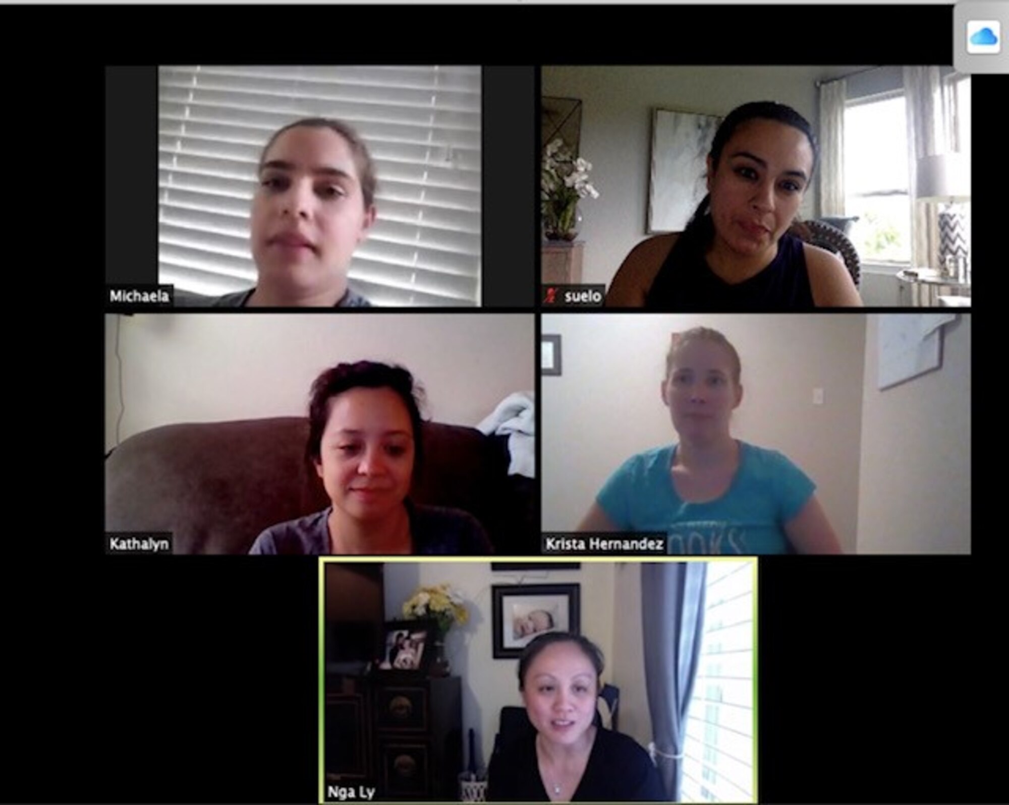 Five women participating in a virtual, computer meeting.