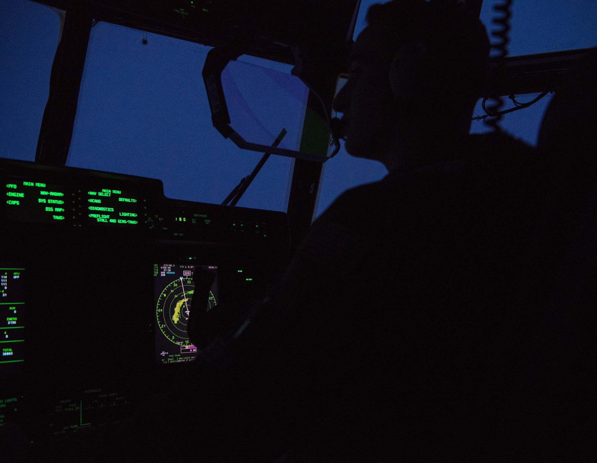 1st Lt. Tim Viere, a pilot for the 53rd Weather Reconnaissance Squadron, flies through the eye of Hurricane Laura from Charleston International Airport, S.C. Aug. 25, 2020. The 53rd WRS operates out of Keesler Air Force Base, Miss., and plays an important role in the forecasting of tropical systems by flying directly into storms and collecting atmospheric data satellites cannot reach, improving the area of impact by up to 25 percent. (U.S. Air Force photo by Senior Airman Kristen Pittman)