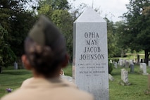 U.S. Marines visit Opha May Johnson’s burial site as part of a professional development event at Rock Creek Cemetery, Washington, D.C. on Aug. 13.