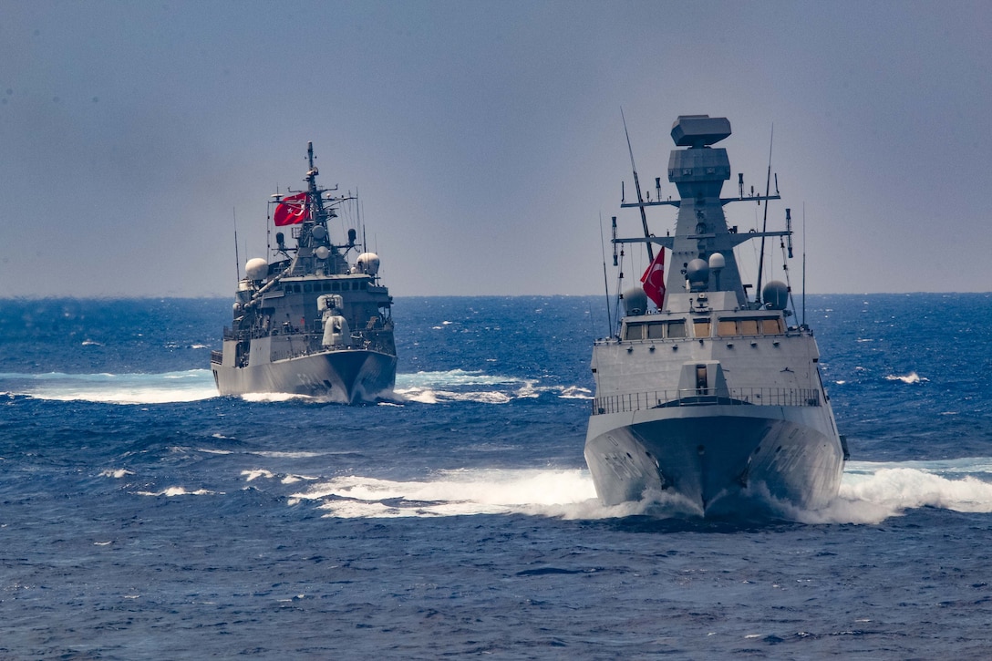 USS Winston S. Churchill (DDG 81), not pictured, executes a passing exercise with Turkish Navy frigates TCG Barbaros (FF 244) and Burgazada (F 513) in the Mediterranean Sea, Aug 26, 2020.