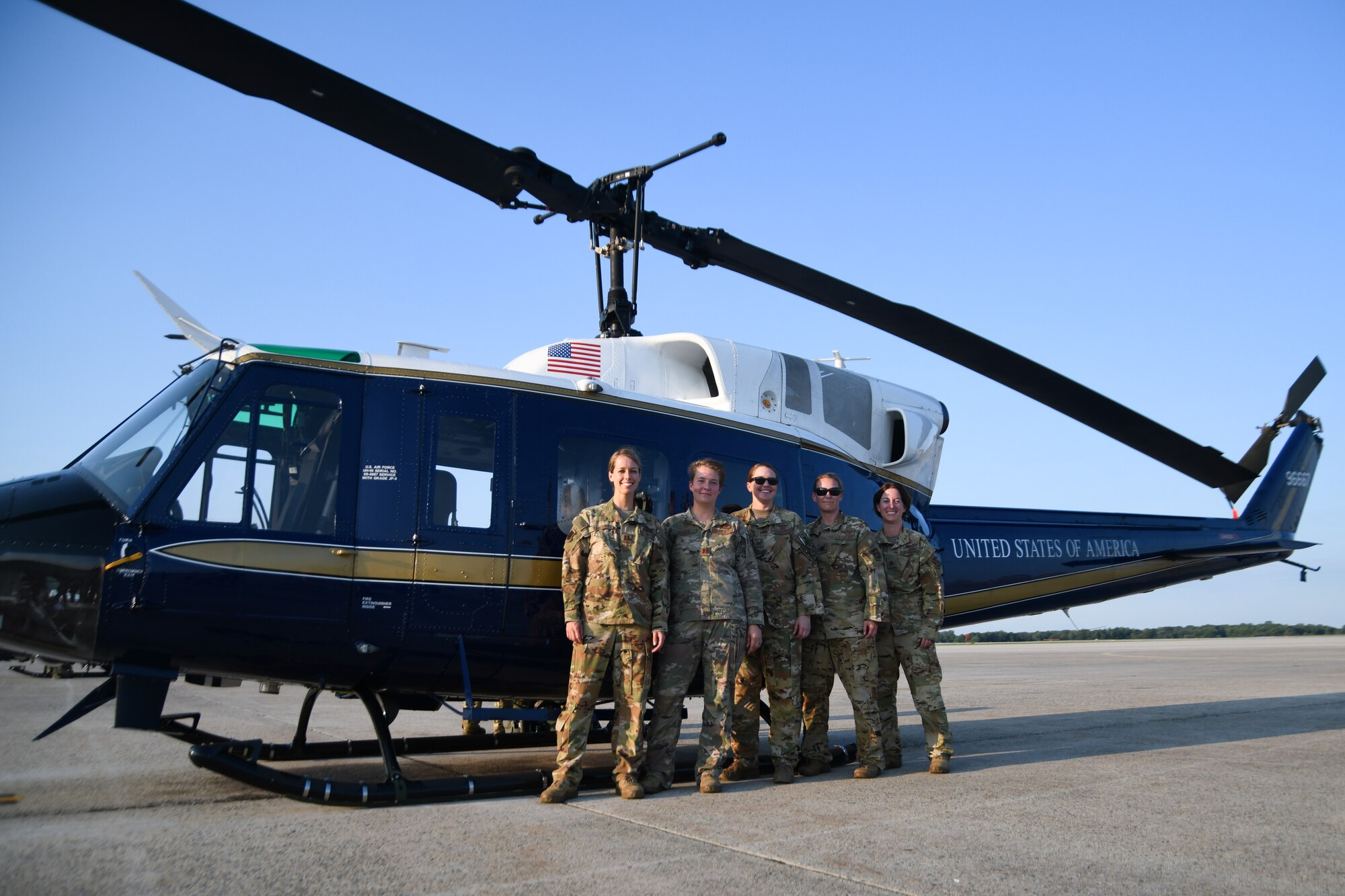 From left, Capt. Jennie Seibert, Capt. Sabrina Shaub, Col. Anne-Marie Contreras, Lt. Col. Kate Springer and Maj. Kim Mevers pose for a photo at Joint Base Andrews, Aug. 26, 2020.