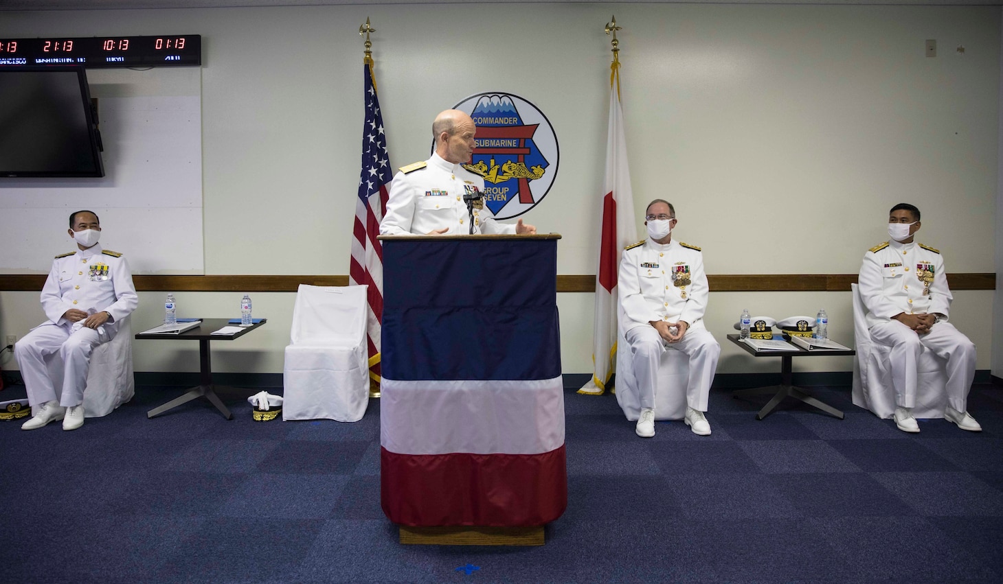 YOKOSUKA, Japan (Aug. 28, 2020) Vice Adm. Bill Merz, Commander, U.S. 7th Fleet, gives remarks during Commander, Submarine Group 7’s (CSG7) change of command ceremony. Rear Adm. Leonard “Butch” Dollaga, a native of Vallejo, California, relieved Rear Adm. James “Jimmy” Pitts, a native of Milton, Florida, of command at Fluckey Hall. CSG7 directs submarine activities throughout the Western Pacific, Indian Ocean and Arabian Sea; two forward-deployed submarine tenders and four attack submarines homeported in Guam; five surveillance towed array sensor system vessels and three oceanographic survey vessels when tasked for theater anti-submarine warfare operations.