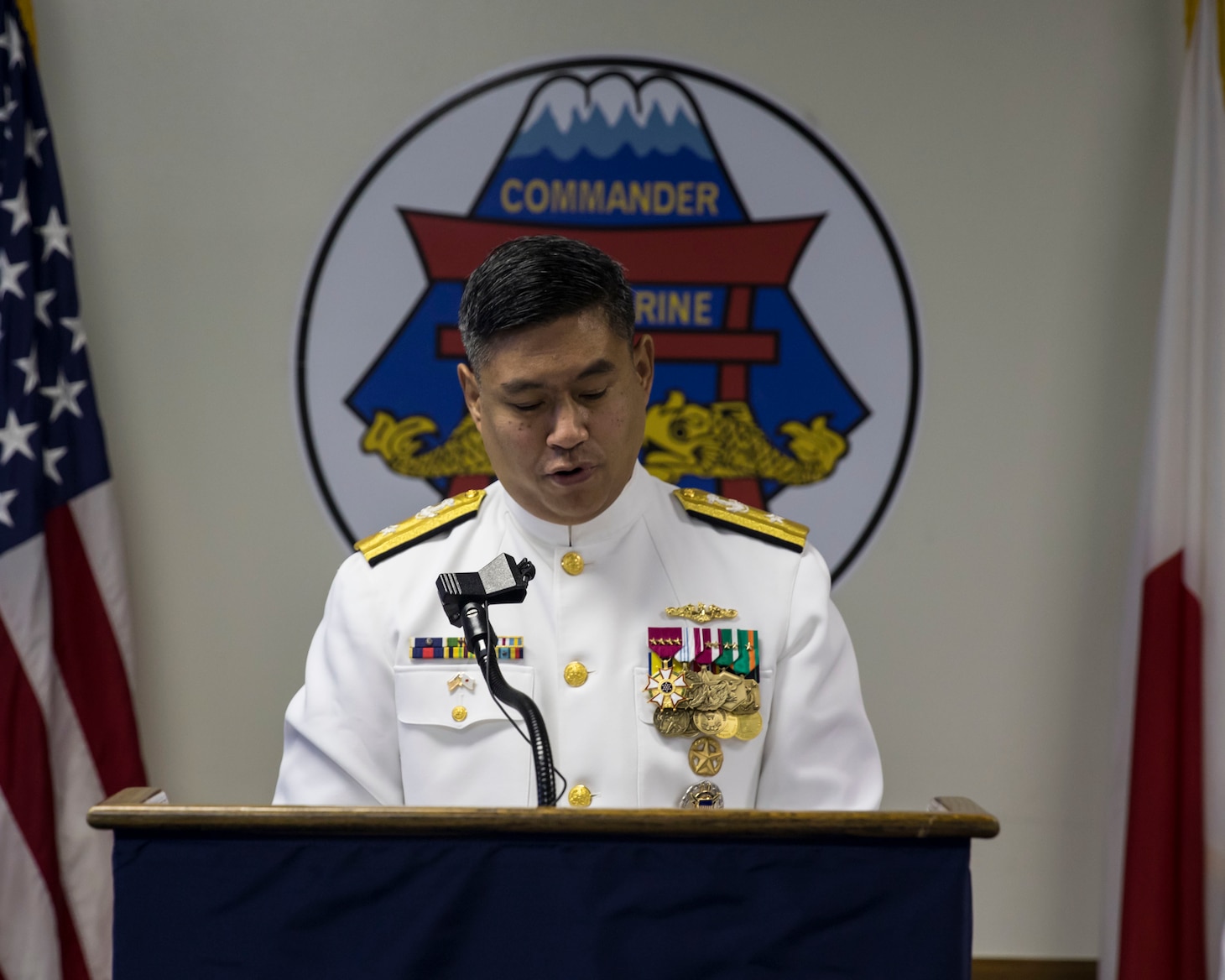 YOKOSUKA, Japan (Aug. 28, 2020)  Rear Adm. Leonard “Butch” Dollaga, Commander, Submarine Group 7 (CSG7), and a native of Vallejo, California, gives remarks during a change of command ceremony. Dollaga relieved Rear Adm. James “Jimmy” Pitts, a native of Milton, Florida, of command at Fluckey Hall. CSG7 directs submarine activities throughout the Western Pacific, Indian Ocean and Arabian Sea; two forward-deployed submarine tenders and four attack submarines homeported in Guam; five surveillance towed array sensor system vessels and three oceanographic survey vessels when tasked for theater anti-submarine warfare operations.