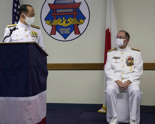 YOKOSUKA, Japan (Aug. 28, 2020) Japan Maritime Self-Defense Force (JMSDF) Vice Adm. Yoshitaka Ozama, Commander, Fleet Submarine Force, gives remarks during Commander, Submarine Group 7’s (CSG7) change of command ceremony. Rear Adm. Leonard “Butch” Dollaga, a native of Vallejo, California, relieved Rear Adm. James “Jimmy” Pitts, a native of Milton, Florida, of command at Fluckey Hall. CSG7 directs submarine activities throughout the Western Pacific, Indian Ocean and Arabian Sea; two forward-deployed submarine tenders and four attack submarines homeported in Guam; five surveillance towed array sensor system vessels and three oceanographic survey vessels when tasked for theater anti-submarine warfare operations.