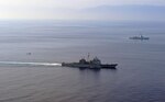 The Ticonderoga-class guided-missile cruiser USS Philippine Sea (CG 58) participates in a vertical replenishment-at-sea exercise with a Sikorsky Seahawk helicopter assigned to the Spanish frigate Álvaro de Bazán (F 101) in the Mediterranean Sea, Aug. 26, 2020. Philippine Sea is currently deployed to the U.S. 6th Fleet area of operations in support of regional allies and partners and U.S. national security interests in Europe and Africa.
