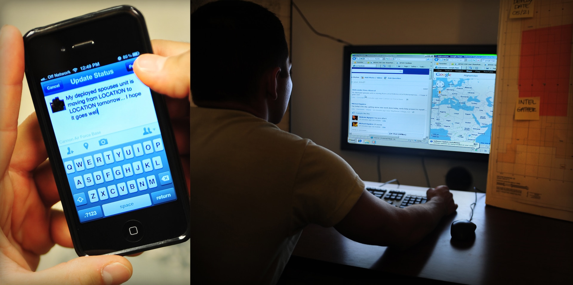 Graphic shows two hands holding a mobile phone and a male service member sitting in front of a computer screen showing a map.