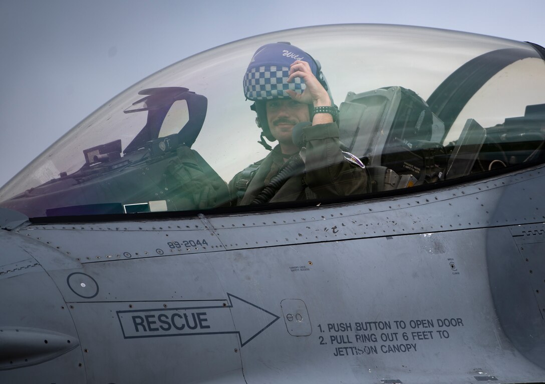 A U.S. Air Force pilot, assigned to the 510th Fighter Squadron, Aviano Air Base, Italy, arrives at Royal Air Force Lakenheath, England, Aug. 28, 2020. Aircraft and Airmen from the 510th FS are participating in a flying training deployment event to enhance interoperability, maintain joint readiness and strengthen relationships with regional allies and partners. (U.S. Air Force photo by Airman 1st Class Jessi Monte)