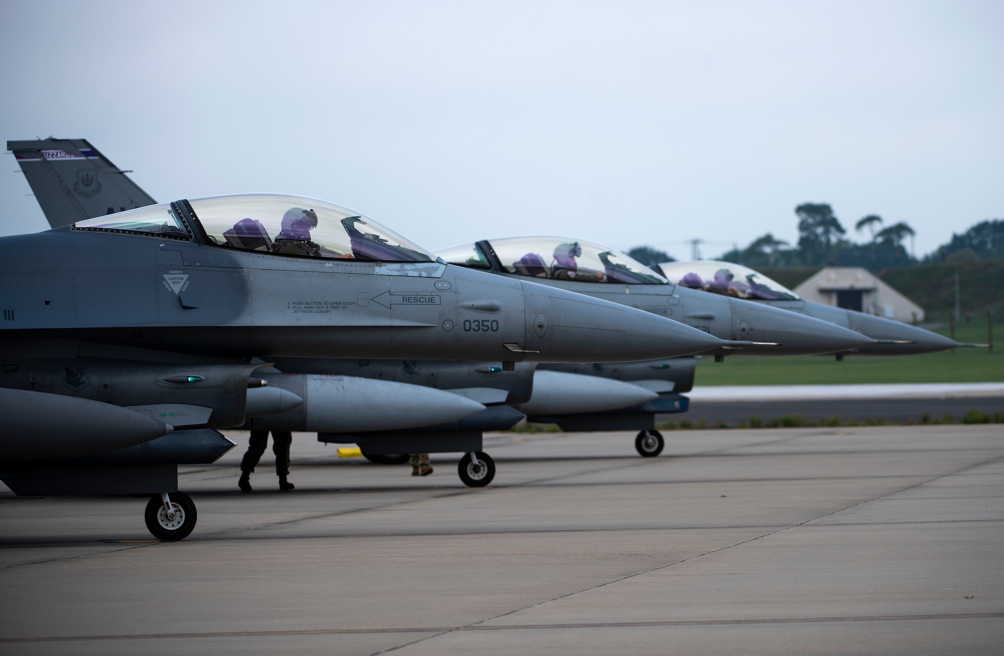 U.S. Air Force F-16 Fighting Falcons, assigned to the 510th Fighter Squadron, Aviano Air Base, Italy, arrive at Royal Air Force Lakenheath, England, Aug. 28, 2020. Aircraft and Airmen from the 510th FS are participating in a flying training deployment event to enhance interoperability, maintain joint readiness and strengthen relationships with regional allies and partners. (U.S. Air Force photo by Airman 1st Class Jessi Monte)
