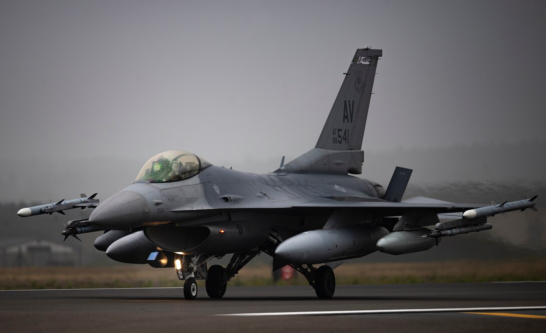 A U.S Air Force F-16 Fighting Falcon assigned to the 510th Fighter Squadron, Aviano Air Base, Italy, arrives at Royal Air Force Lakenheath, England, Aug. 28, 2020. Aircraft and Airmen from the 510th FS are participating in a flying training deployment event to enhance interoperability, maintain joint readiness and strengthen relationships with regional allies and partners. (U.S. Air Force photo by Airman 1st Class Jessi Monte)