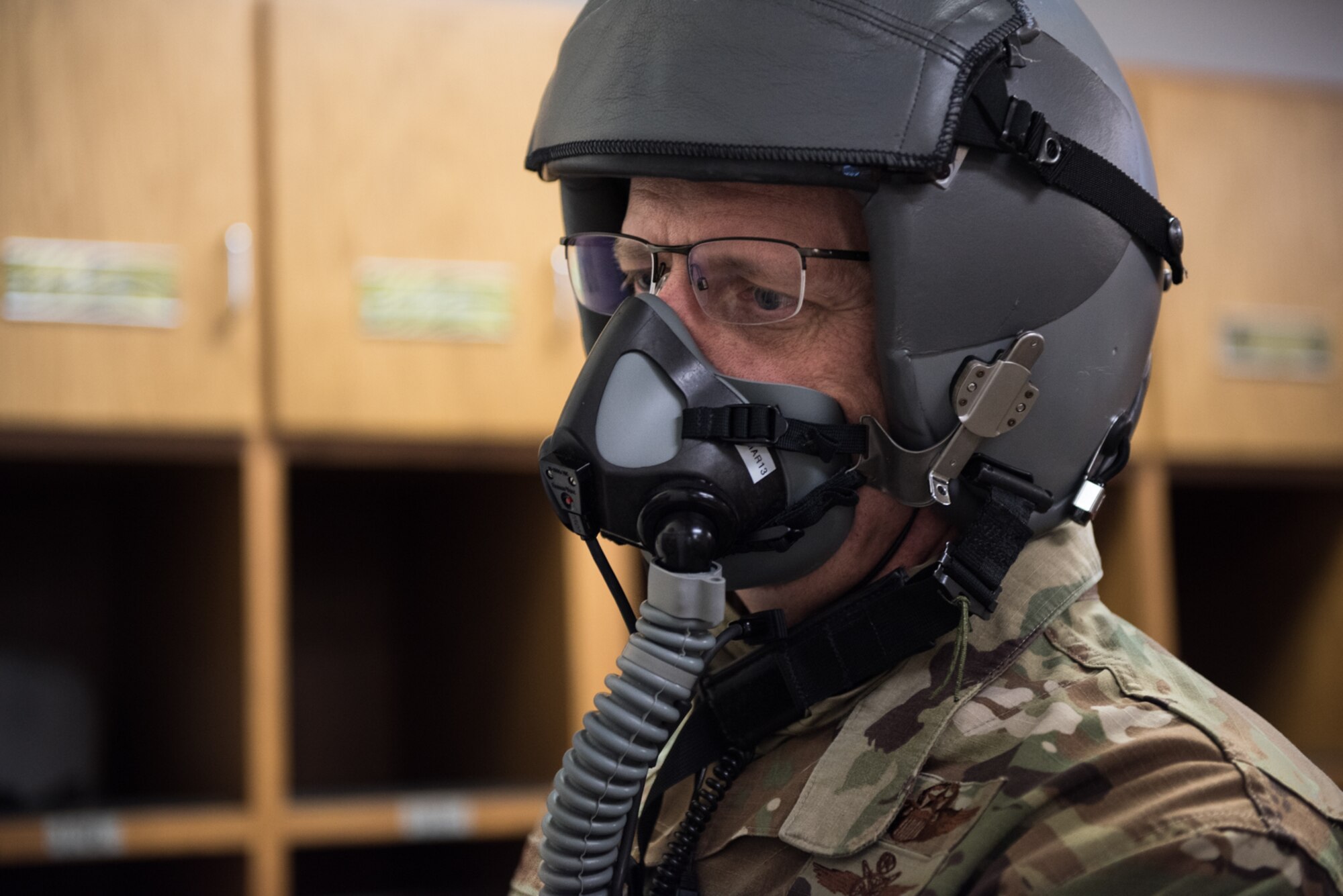U.S. Air Force Maj. Gen. Mark Weatherington, 8th Air Force and Joint-Global Strike Operations Center commander, checks his flight helmet at Whiteman Air Force Base, Missouri, Aug. 24, 2020. Weatherington met with Airmen and leadership to discuss Team Whiteman’s role in the global strike and deterrence mission during a base familiarization and immersion tour. (U.S. Air Force photo by Airman 1st Class Christina Carter)