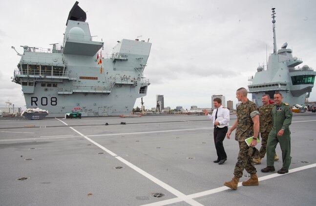 Maj. Gen. Stephen M. Neary tours the flight deck of the HMS Queen Elizabeth in Portsmouth, England, August 27.