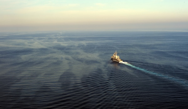 The Ticonderoga-class guided-missile cruiser USS Philippine Sea (CG 58) sails in the Mediterranean Sea after participating in a vertical replenishment-at-sea exercise with the Spanish frigate Álvaro de Bazán (F 101), Aug. 26, 2020. Philippine Sea is currently deployed to the U.S. 6th Fleet area of operations in support of regional allies and partners and U.S. national security interests in Europe and Africa.