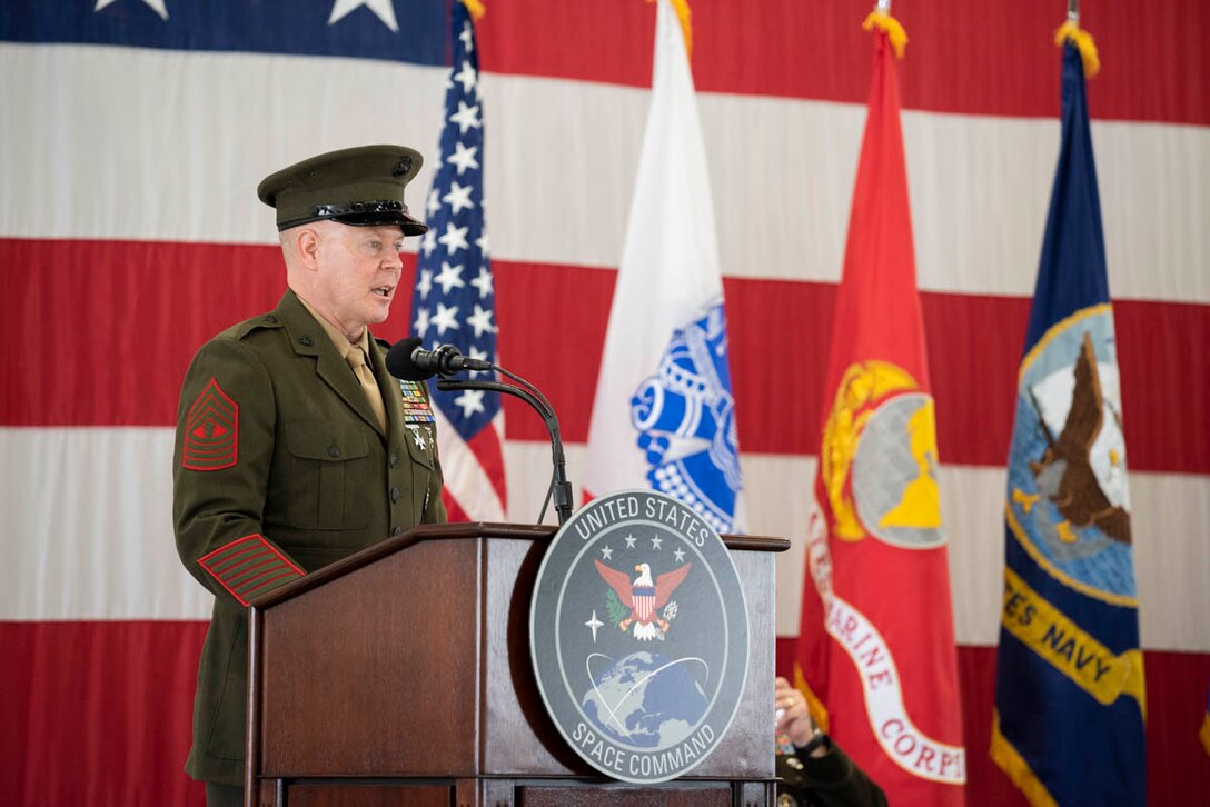U.S. Marine Corps Master Gunnery Sgt. Scott Stalker speaks during a change of responsibility ceremony Aug. 28, 2020, at Peterson Air Force Base, Colorado. During the event, the first since USSPACECOM was established Aug. 29, 2019, U.S. Space Force Chief Master Sgt. Roger Towberman relinquished responsibility of the combatant command’s highest enlisted position to Stalker, who previously served as command senior enlisted leader for U.S. Cyber Command and the National Security Agency.