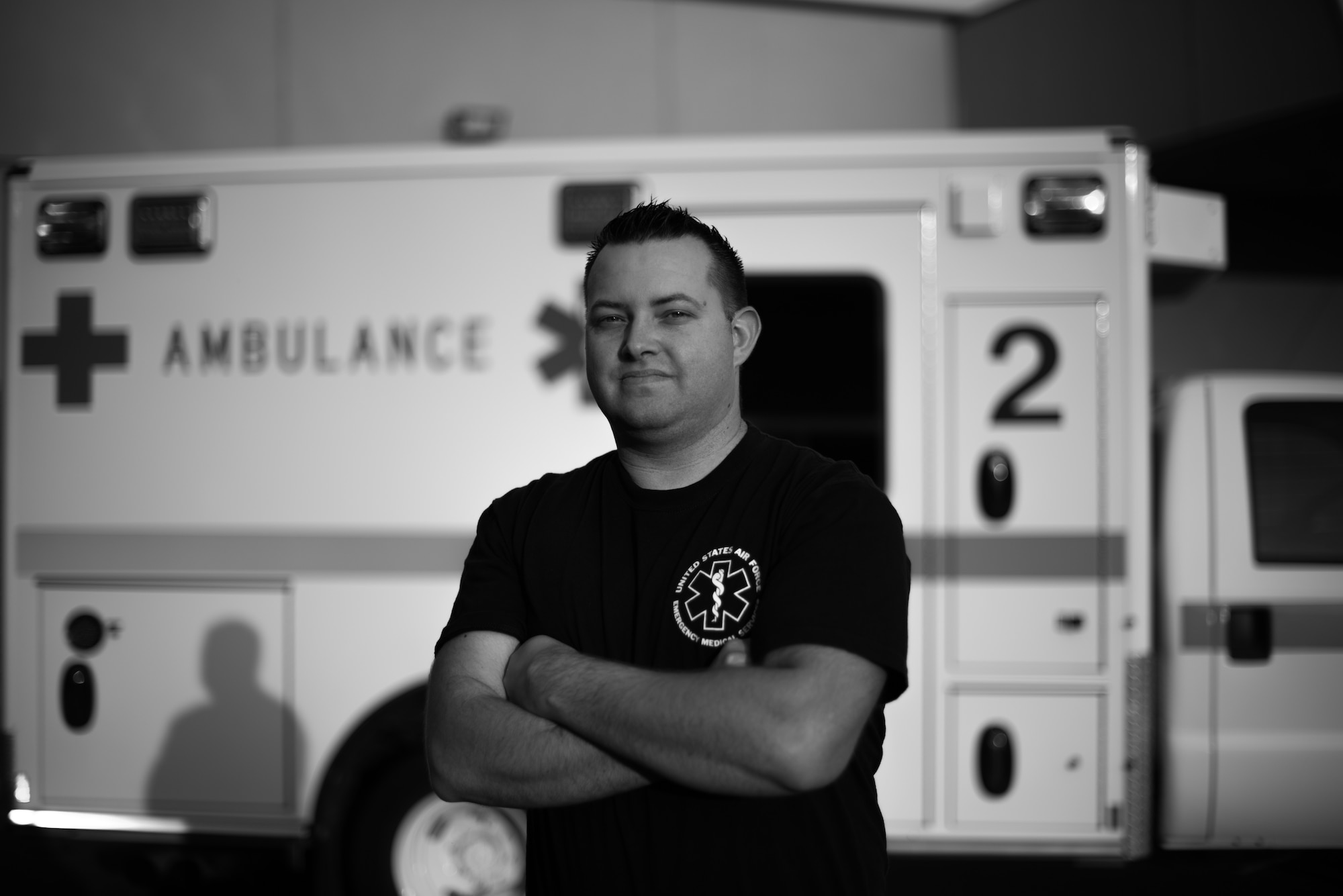 U.S. Air Force Tech. Sgt. Christopher Carr, 60th Medical Operations Squadron paramedic, stands in front of an ambulance Aug. 26, 2020, at Travis Air Force Base, California. Carr helped evacuate 20 patients from David Grant USAF Medical Center Aug. 19, after the 60th Air Mobility Wing commander issued an evacuation order for Travis AFB in response to a wildfire nearing the installation. (U.S. Air Force photo by Senior Airman Cameron Otte)