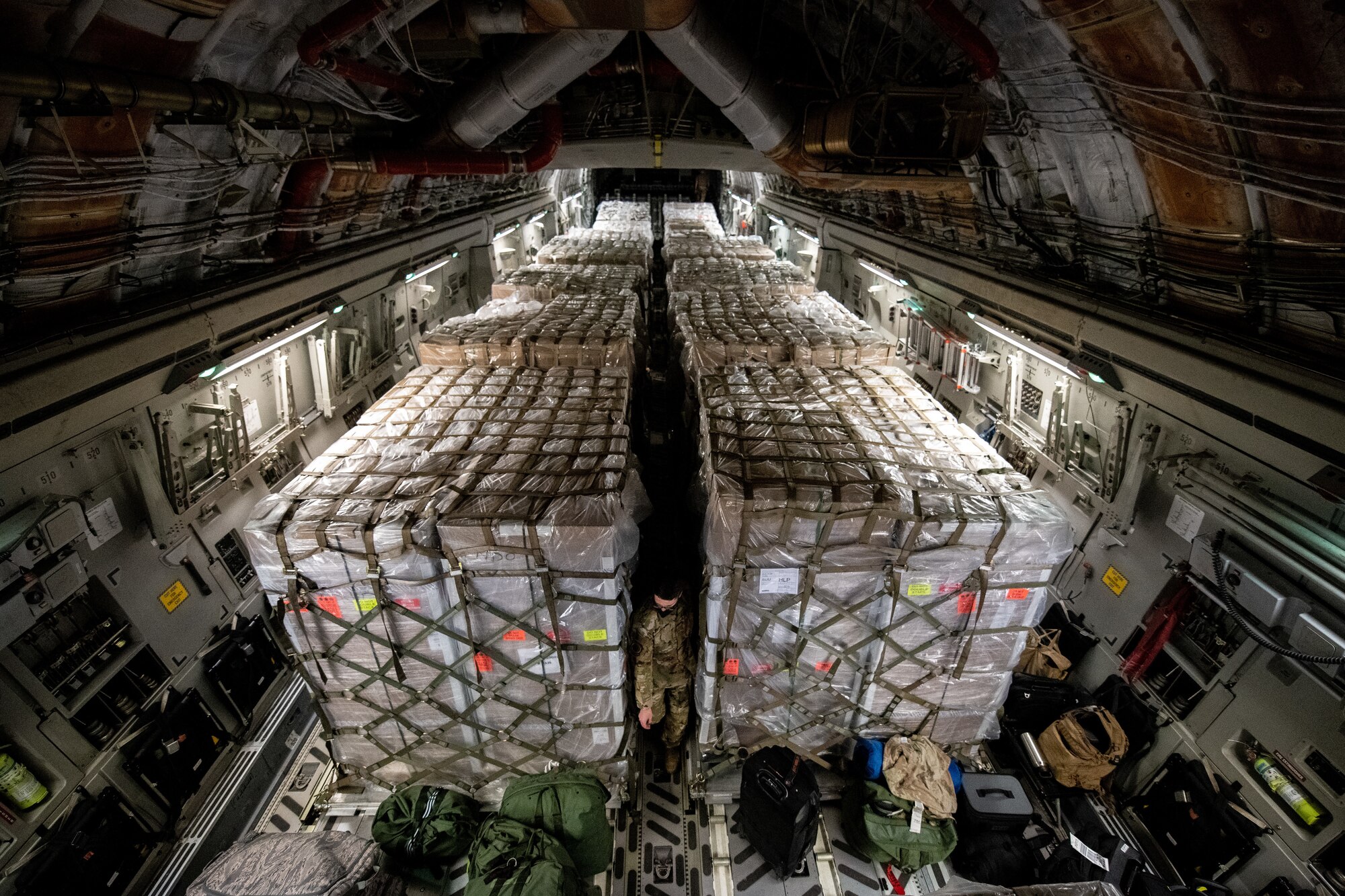 Pallets loaded into a C-17 aircraft.